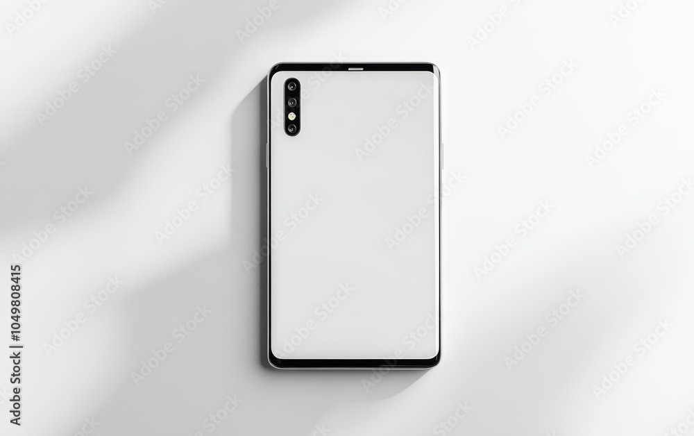 Smartphone: A modern smartphone with a blank screen and sleek design, placed flat on a white background Smartphone: A modern smartphone with a blank screen and sleek design, placed flat on a white background
