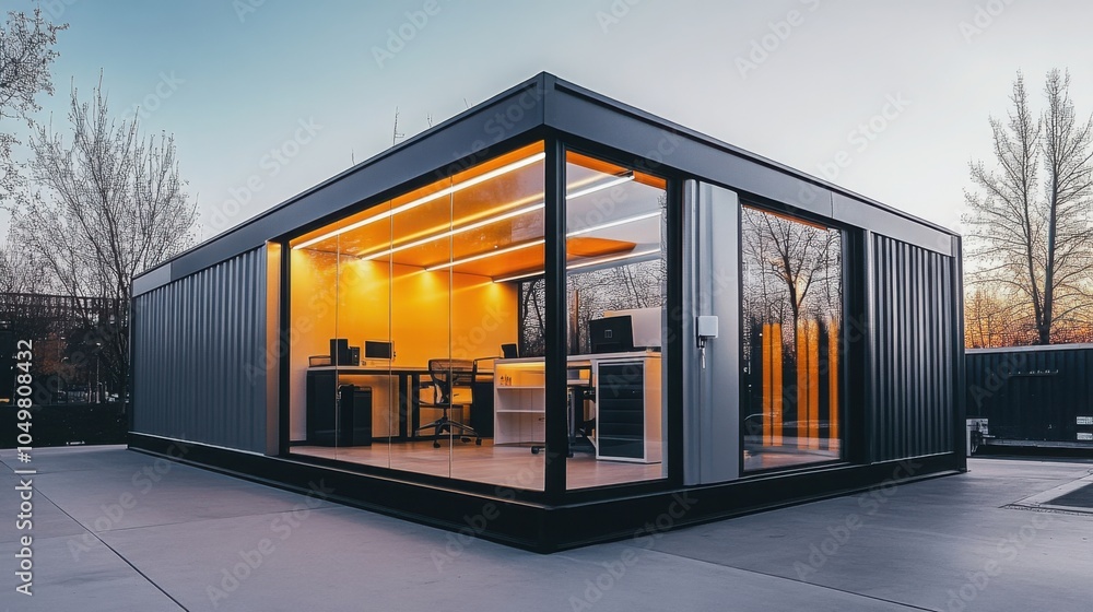 A modern shipping container converted into a sleek mobile office, with large windows and high-tech equipment inside. A modern shipping container converted into a sleek mobile office, with large windows and high-tech equipment inside.