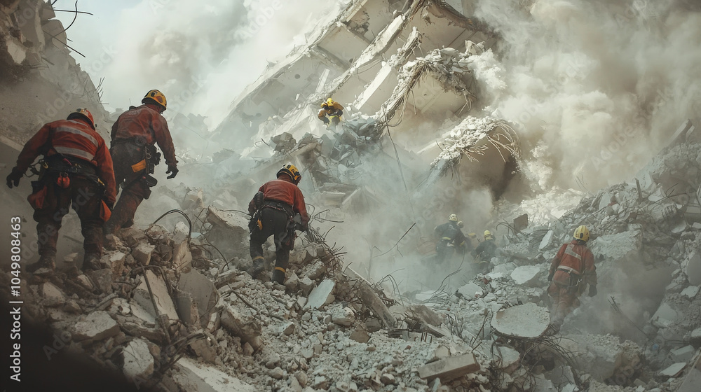 Obraz premium Rescue teams search through rubble after a devastating earthquake in a city