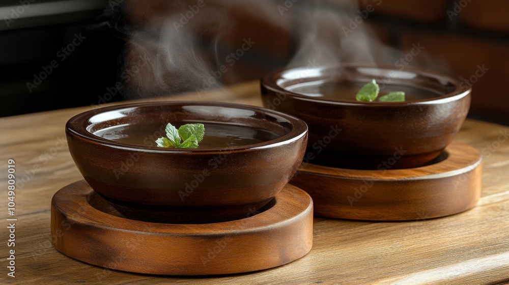 Steaming Bowls of Soup with Rustic Presentation Steaming Bowls of Soup with Rustic Presentation
