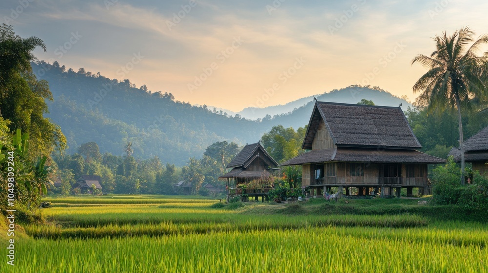 A peaceful scene of the Betong countryside, with rice paddies, rolling hills, and traditional A peaceful scene of the Betong countryside, with rice paddies, rolling hills, and traditional