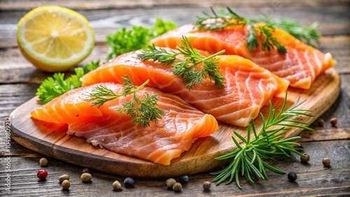 Smoked Salmon Slices with Fresh Dill and Lemon on Wooden Board