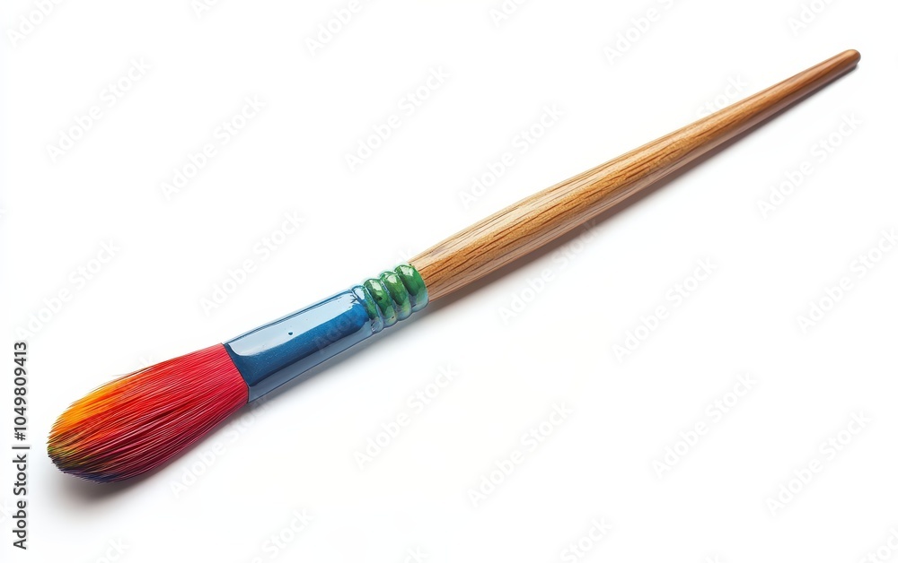Fototapeta premium Single Paintbrush: A large paintbrush with colored bristles, isolated to show its wooden handle and detail on a white background 