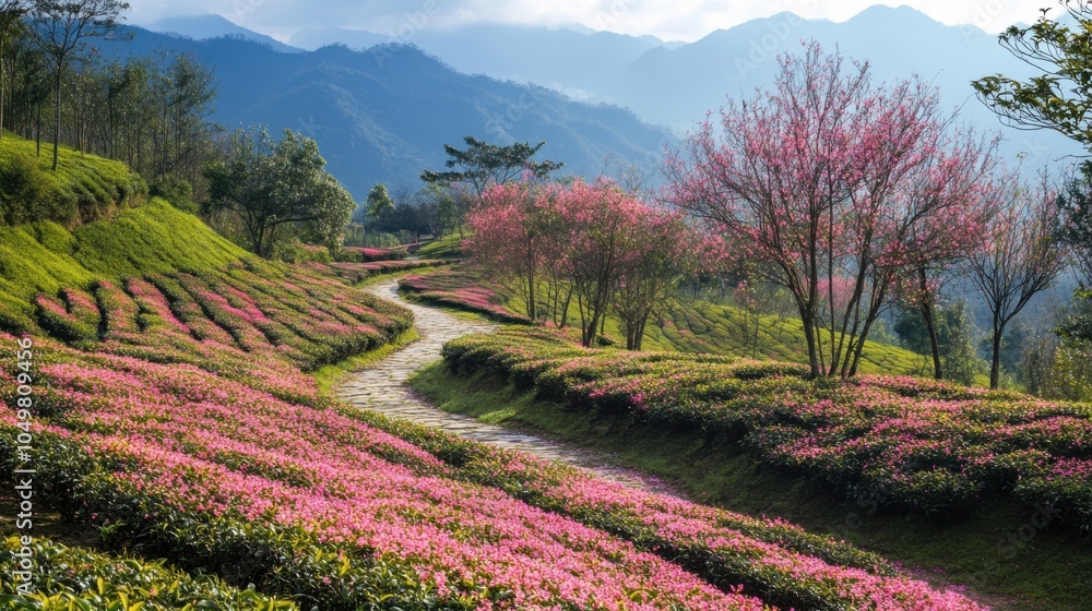 Fototapeta premium A picturesque tea plantation in Muzangchai with blooming flowers and well-maintained