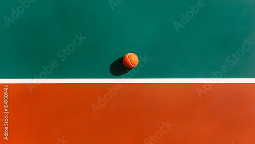 Top-Down View of Orange and Green Tennis Court with Ball and White Lines