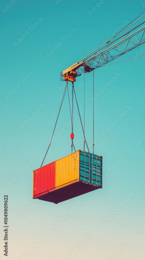 Fototapeta premium A tall industrial crane lifting a shipping container high into the air, with a clear sky in the background