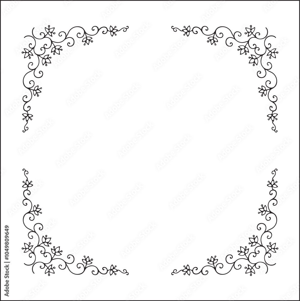Elegant black and white vector round decorative frame, vegetal ornamental frame with flowers, decorative border, corners. Isolated vector illustration. Elegant black and white vector round decorative frame, vegetal ornamental frame with flowers, decorative border, corners. Isolated vector illustration.