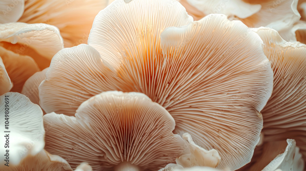 Close-up of oyster mushrooms with intricate details of gills and delicate texture. Close-up of oyster mushrooms with intricate details of gills and delicate texture.