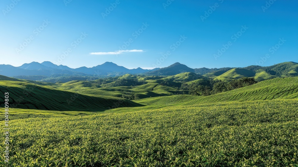 Obraz premium A picturesque view of Muzangchai lush green tea fields stretching across rolling hills under