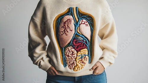 Embroidered Sweater with Anatomical Illustration of Human Torso and Chest, Realistic Style
