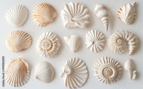 Seashell: A detailed seashell with natural patterns and grooves, arranged on a white background