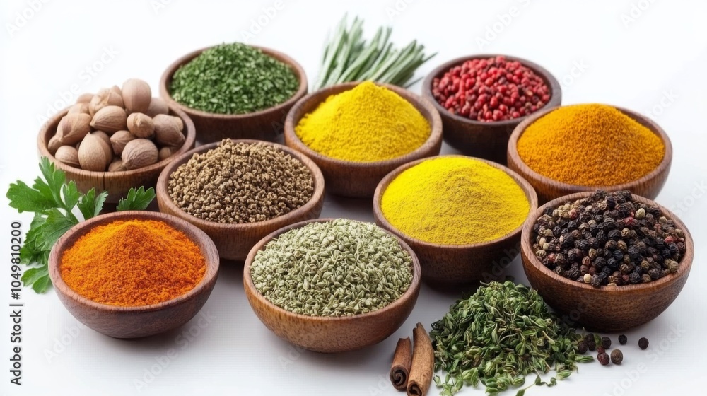 Vibrant Herbs and Spices Arrangement on White Background Vibrant Herbs and Spices Arrangement on White Background