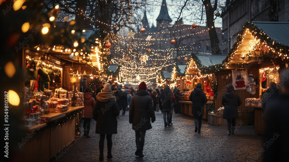 Friends walking through a Christmas market smiling during evening Friends walking through a Christmas market smiling during evening