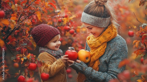 A mother and child picking apples at an orchard, both bundled up in sweaters and scarves, surrounded by red and yellow trees  photo