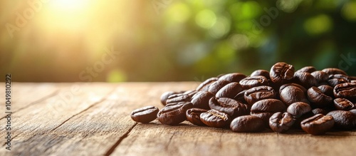 Fresh coffee beans on a wooden table The aroma of fresh coffee beans. with copy space image. Place for adding text or design photo