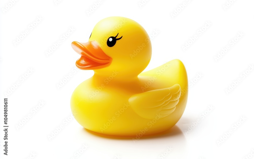 Fototapeta premium Rubber Duck: A classic yellow rubber duck with a bright orange beak, positioned on a white background 