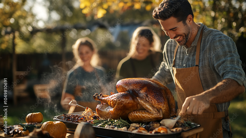 Friends preparing roasted turkey in the backyard smiling Friends preparing roasted turkey in the backyard smiling