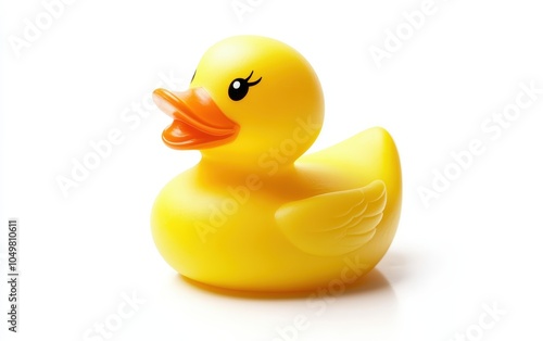 Rubber Duck: A classic yellow rubber duck with a bright orange beak, positioned on a white background 