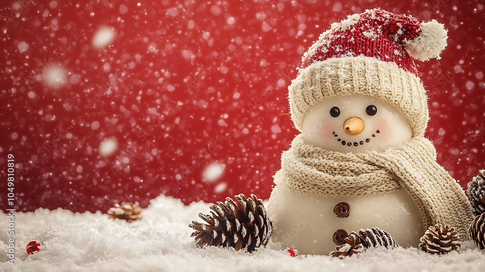 Cute snowman in a white scarf and beige hat, with pinecones scattered around, and a red snowy background filled with falling snowflakes. Cute snowman in a white scarf and beige hat, with pinecones scattered around, and a red snowy background filled with falling snowflakes.