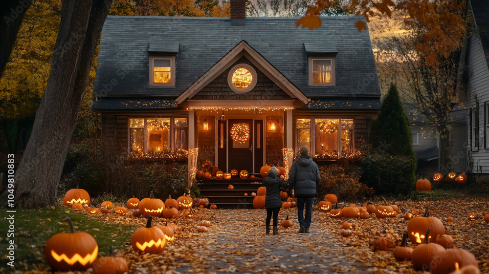 Fototapeta premium Adults decorating house with pumpkins inside working together
