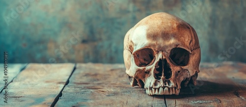 Human skull on wooden table...