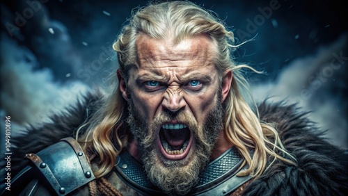 Angry warrior with long blond hair and piercing blue eyes amid dark stormy backdrop. Generative AI photo