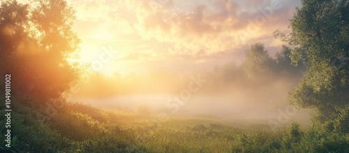 Foggy summer morning landsc...