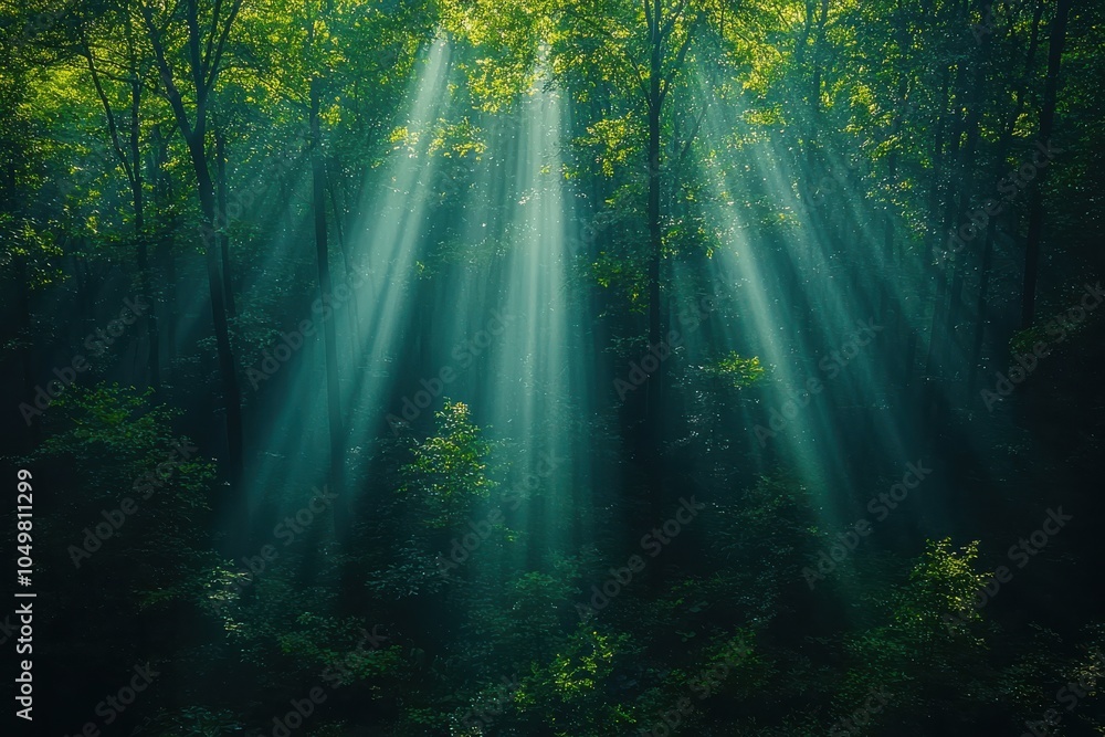 Fototapeta premium Sunlight filters through dense forest canopy, casting ethereal beams and illuminating lush greenery in a serene natural landscape.