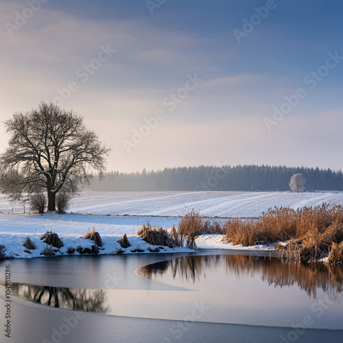 雪国、湖、景色、冬 photo