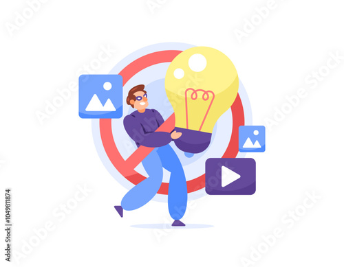 plagiarism prohibition concept. prohibition to copy and or imitate other people's ideas. illustration of a plagiarist trying to steal an idea or solution. copyright infringement. flat style design