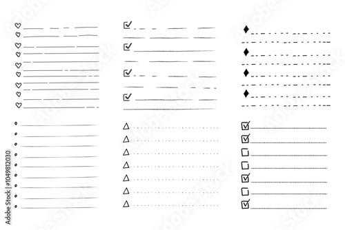 Set To do check list page doodle blank. Reminder, memo note hand drawn isolated on white. Pencil planner, notepad, sheet. 