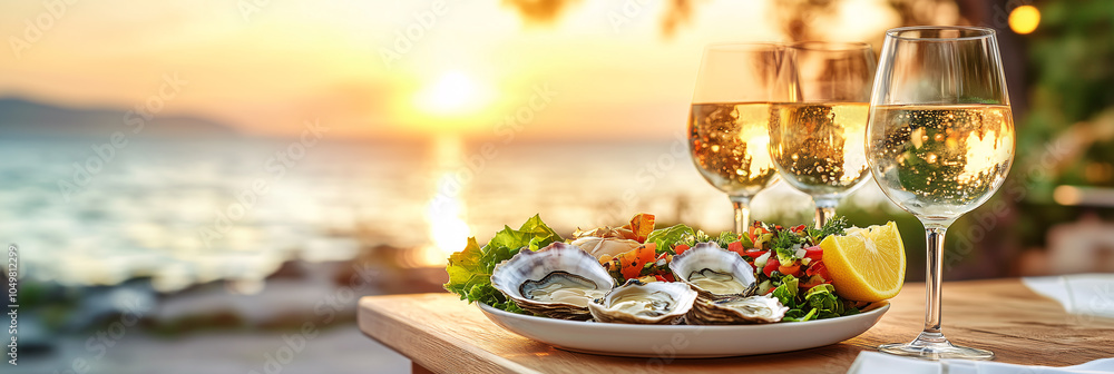 Fresh oysters and salad are served on a platter with three glasses of white wine on a table with a waterfront view Fresh oysters and salad are served on a platter with three glasses of white wine on a table with a waterfront view