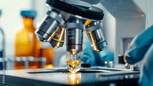 Scientist is using a microscope to analyze a sample in a test tube, surrounded by laboratory equipment