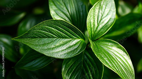 Close-up of vibrant green leaves with visible veins, illuminated by sunlight.