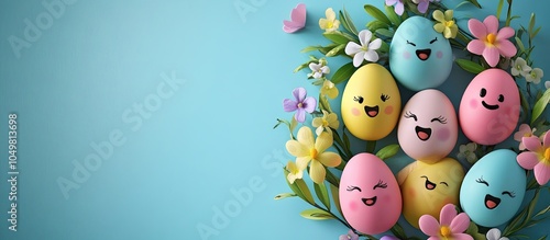 Easter card Adorable Easter eggs featuring painted faces within a spring wreath including copy space for text Happy Easter