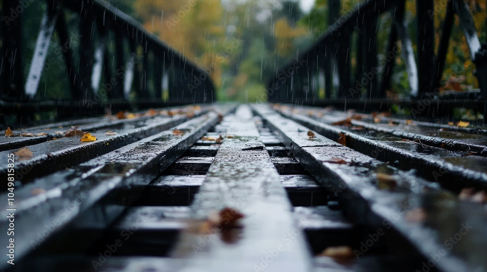 Close-up view of a wooden bridge in the rain with fallen leaves. Close-up view of a wooden bridge in the rain with fallen leaves.