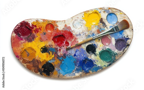 Paint Palette: A colorful paint palette with vibrant dabs of paint and a brush, creating an artistic look on a white background photo