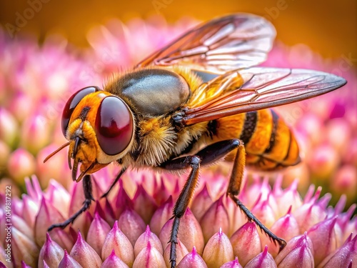 A vibrant flower hosts the Pellucid Fly, Volucella pellucens, captured in a closeup, emphasizing the beauty of nature with striking detail and color. photo