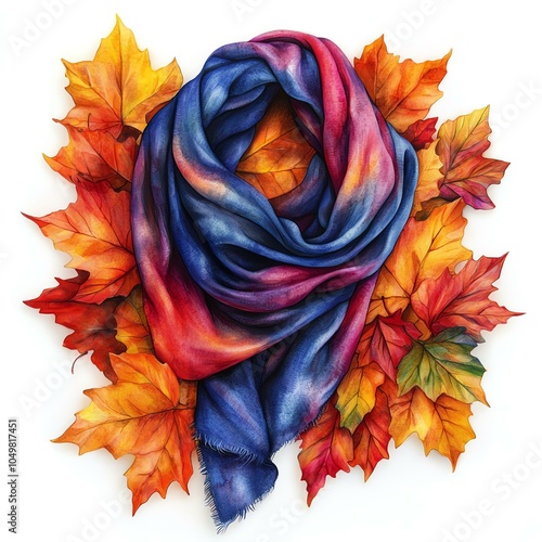 Colorful scarf surrounded by autumn leaves photo