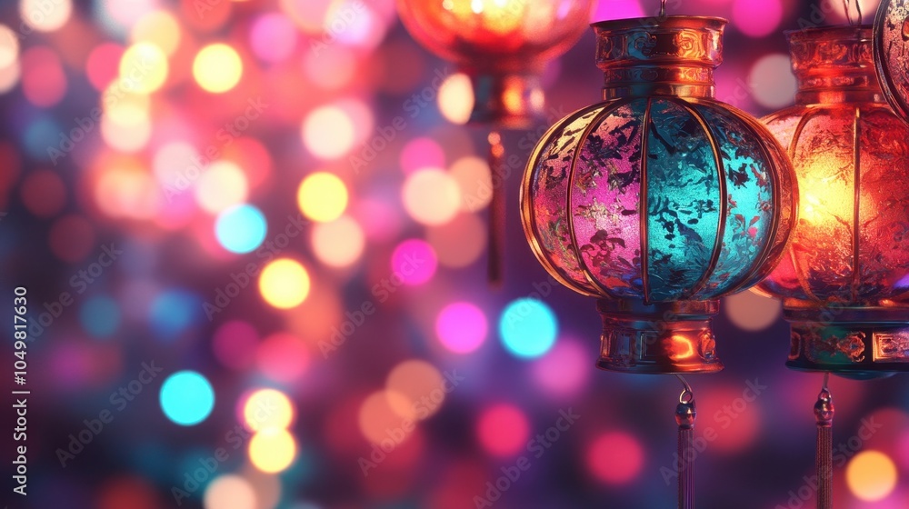 Fototapeta premium Vibrant Lantern Lights Against Bokeh Background