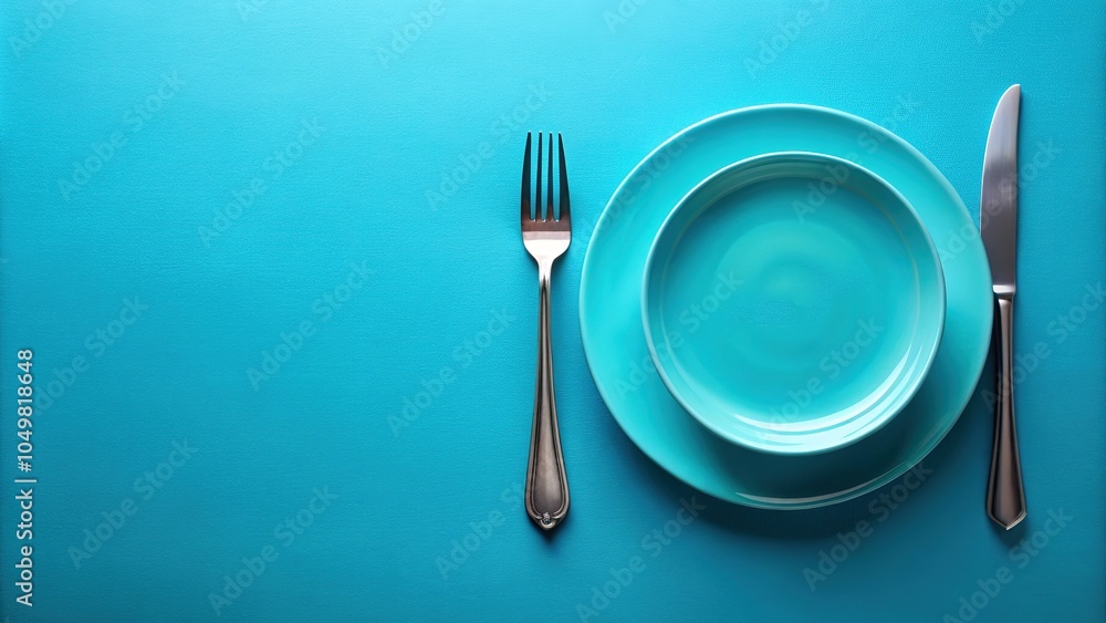 An elegant table arrangement showcases polished silverware and an empty blue plate against a delicate pastel blue background, ideal for kitchen and cooking designs. An elegant table arrangement showcases polished silverware and an empty blue plate against a delicate pastel blue background, ideal for kitchen and cooking designs.