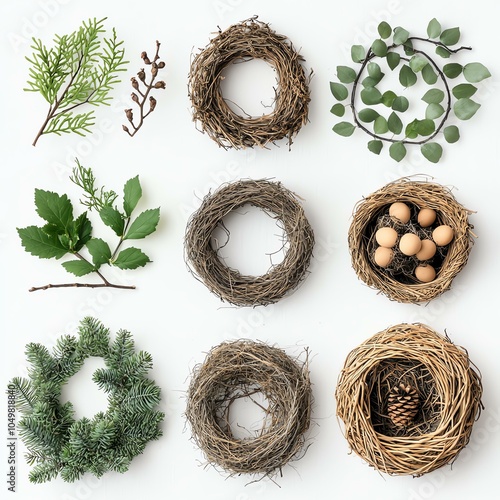 Various types of natural nests and leaves photo