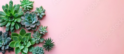 Succulent mini plants including gasteria echeveria senecio pachyphytum and haworthia on a pink background viewed from above with copyspace home gardening concept photo