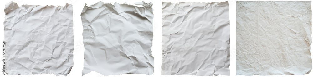 A collection of four pieces of crumpled white paper displaying different textures and shades, perfect for use in artistic and design contexts, adding a tactile element isolated PNG isolated PNG A collection of four pieces of crumpled white paper displaying different textures and shades, perfect for use in artistic and design contexts, adding a tactile element isolated PNG isolated PNG