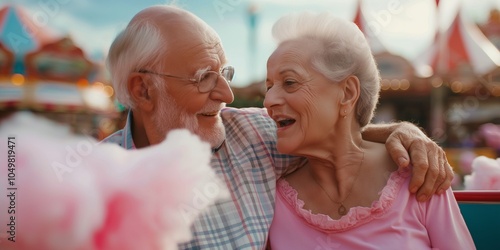 Old couple eating pink cotton candy in amusement park photo