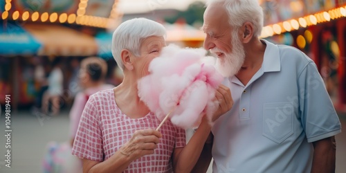 Old couple woman and man sharing a cotton candy. Spending qualitytime together in the amusement park photo