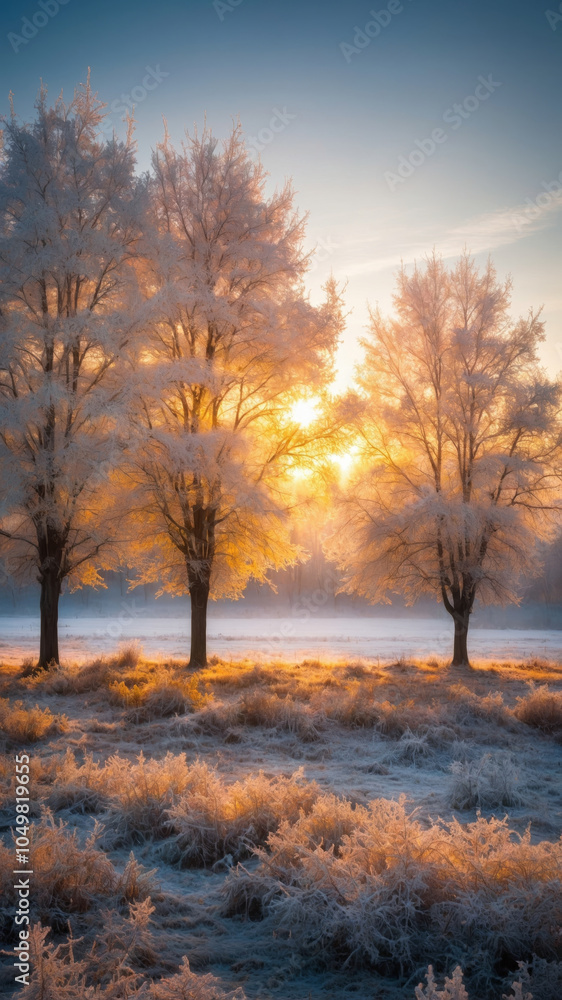 Fototapeta premium winter landscape in the morning , frost on the trees in the morning in the forest , sun rays in the frosty morning ,