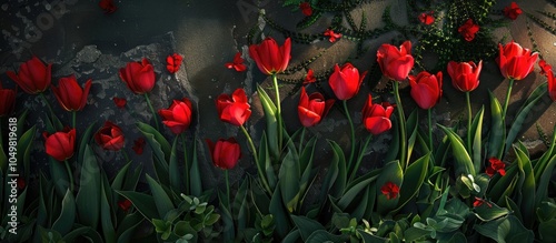 Close up of red tulips blos...