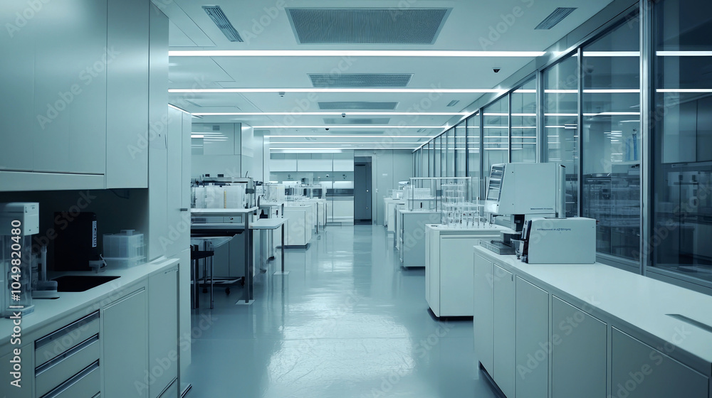 Fototapeta premium Empty laboratory with white lab benches, equipment, and a long hallway in the background.