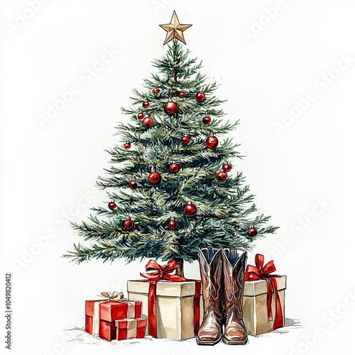 Christmas Tree with Gifts and Cowboy Boots, Festive Christmas scene featuring a decorated tree, wrapped gifts, and cowboy boots, blending holiday tradition with rustic charm.

